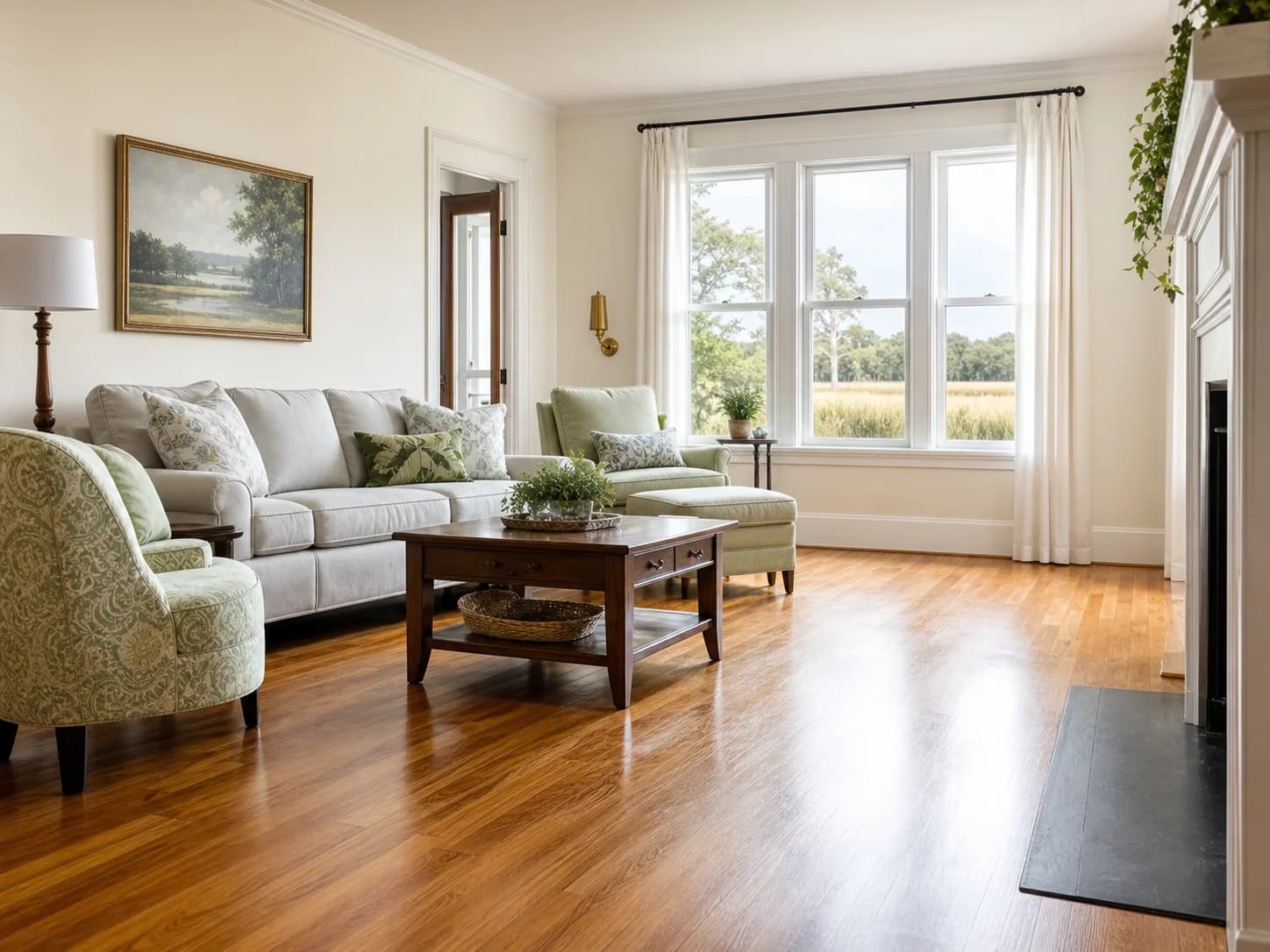 Bright living room in an established James Island home with clean hardwood floors