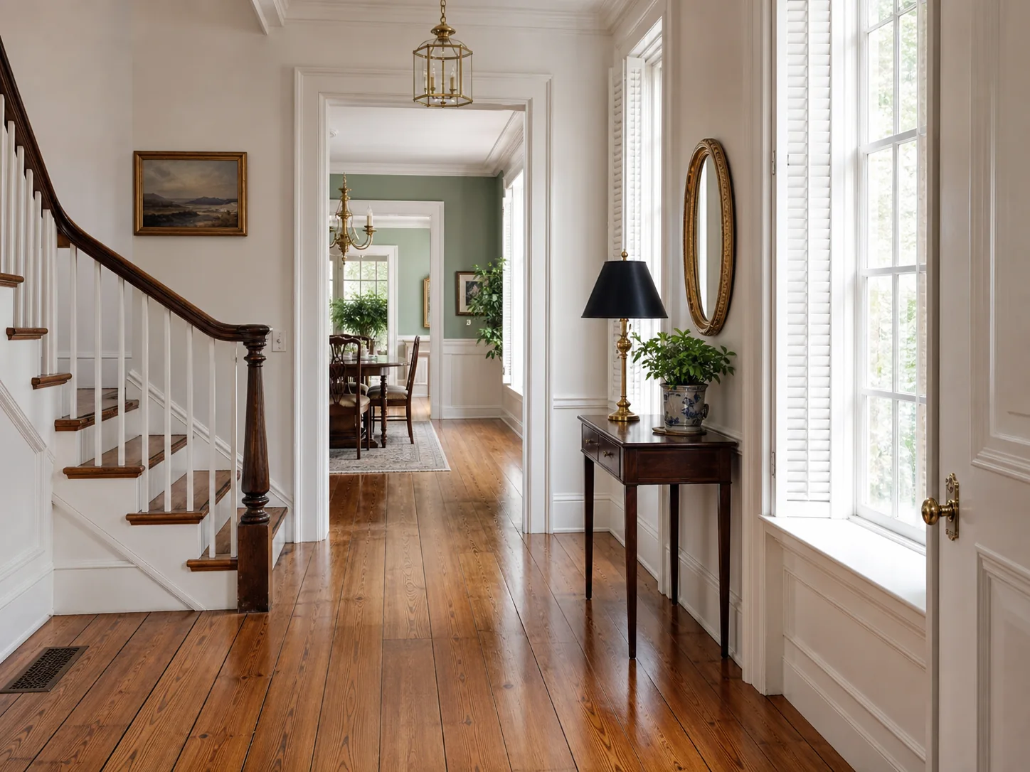 Bright entry hall of an Old Village home with clean heart pine floors