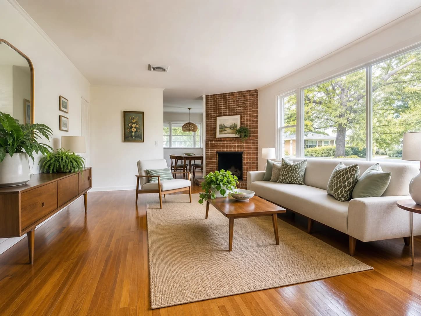 Bright living room in a mid-century West Ashley home with clean hardwood floors