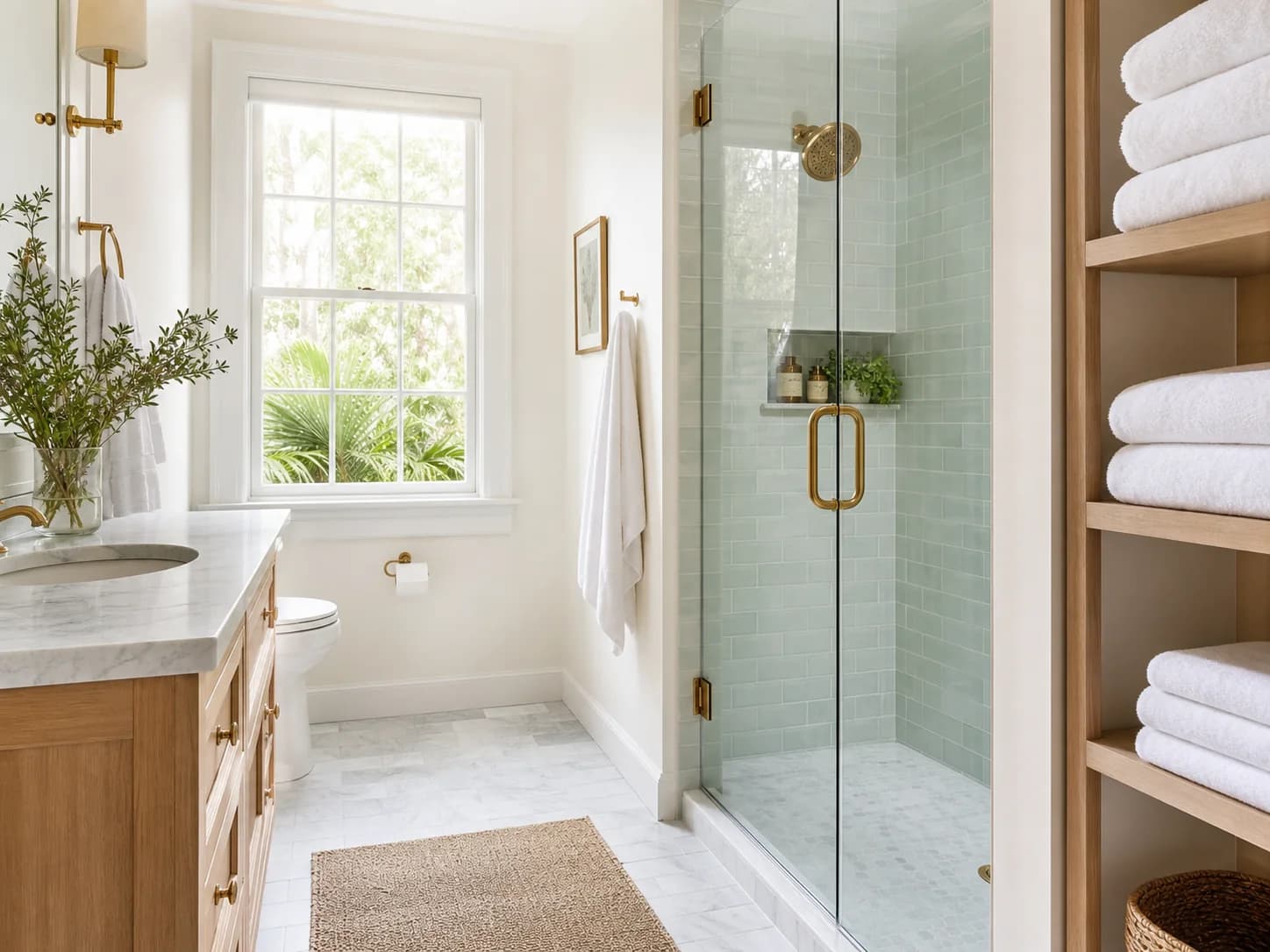 Charleston bathroom after a deep clean, spotless glass and fresh folded towels