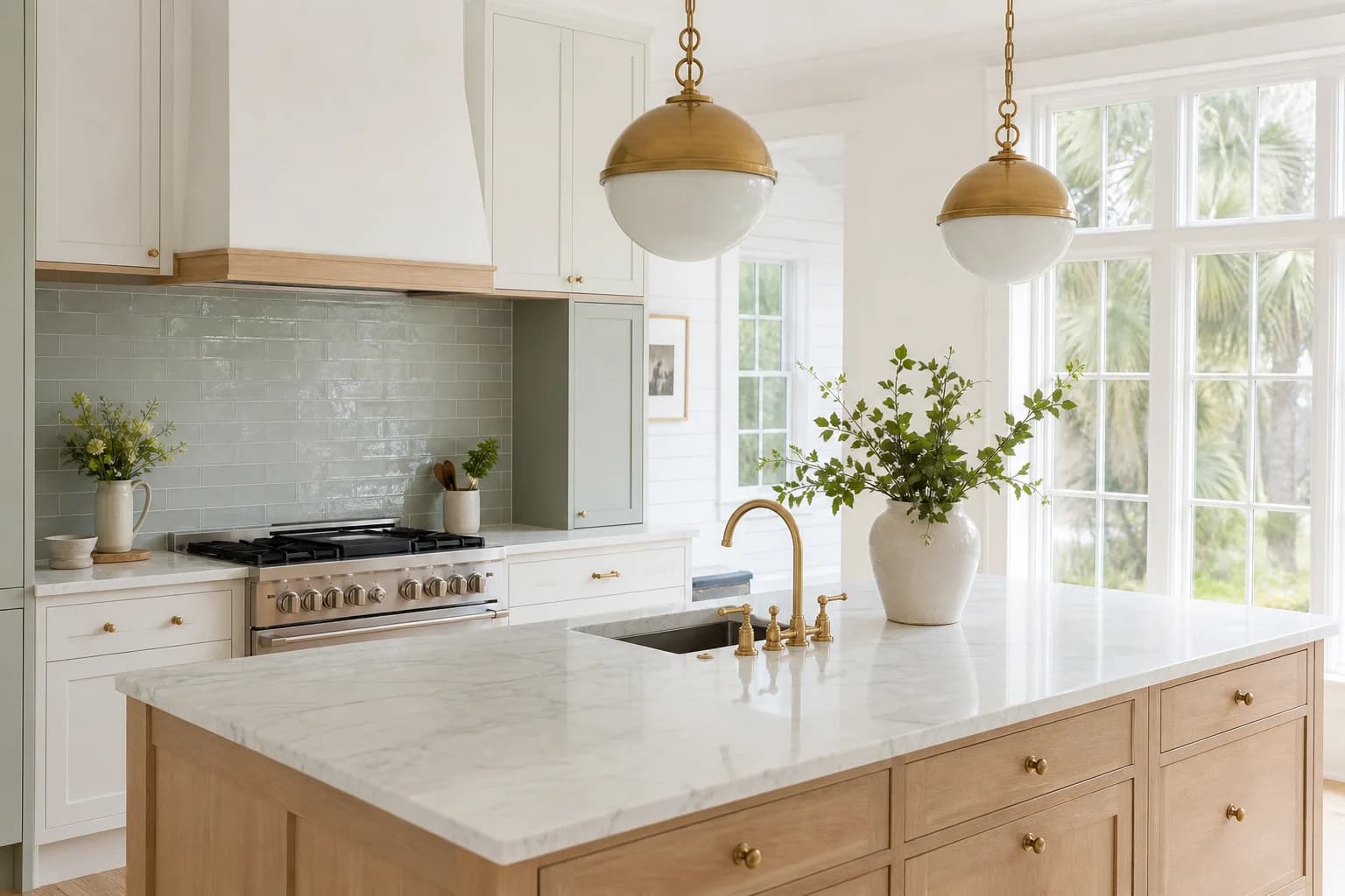 Sunlit Charleston kitchen with clear marble counters after a professional cleaning