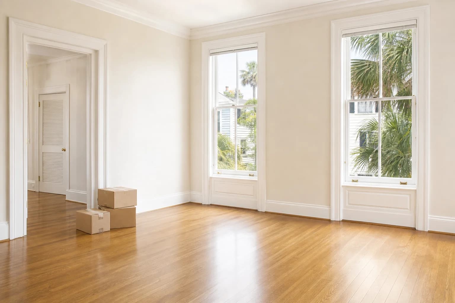 Empty living room in a Charleston home with clean hardwood floors and bare windows, ready for a new tenant